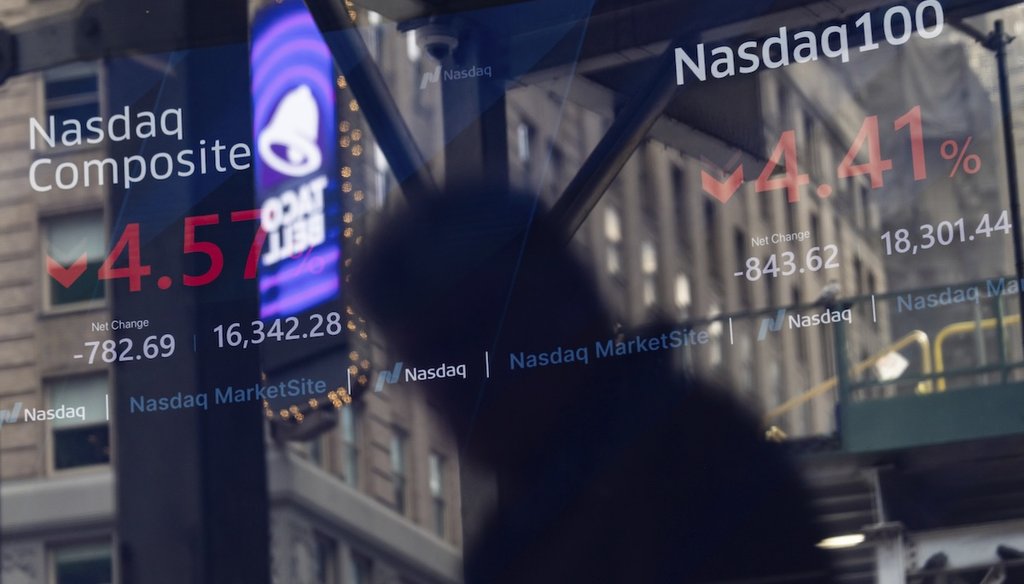 Stock prices are shown at the Nasdaq MarketSite in New York on April 10, 2025. (AP)