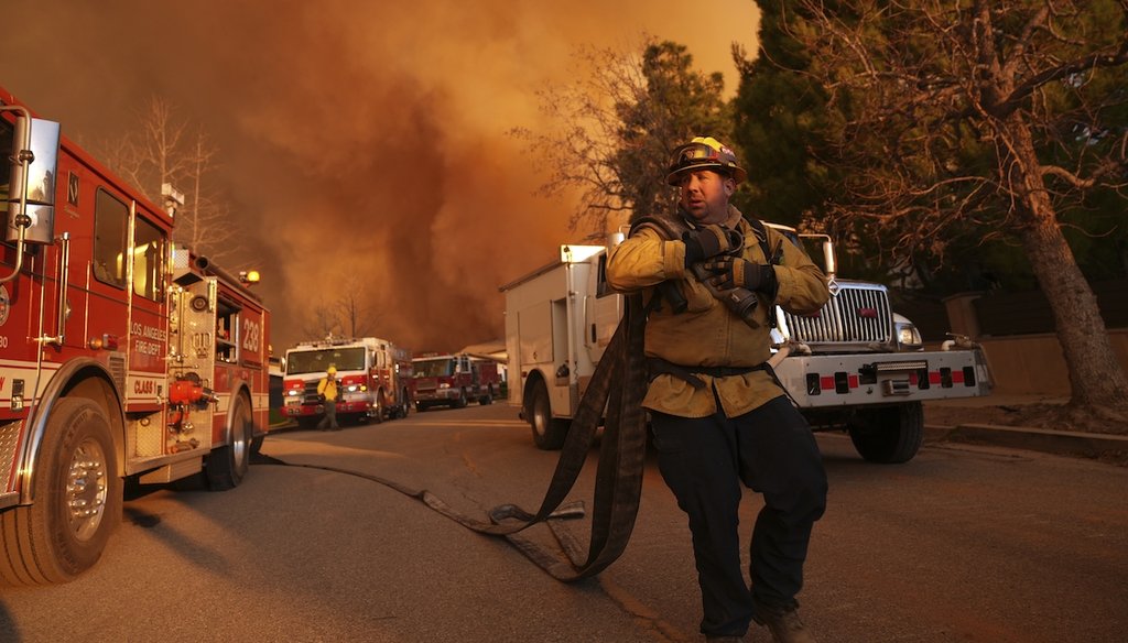 Firefighters make a stand Jan. 11, 2025, in front of the Palisades Fire in Mandeville Canyon in Los Angeles. (AP)