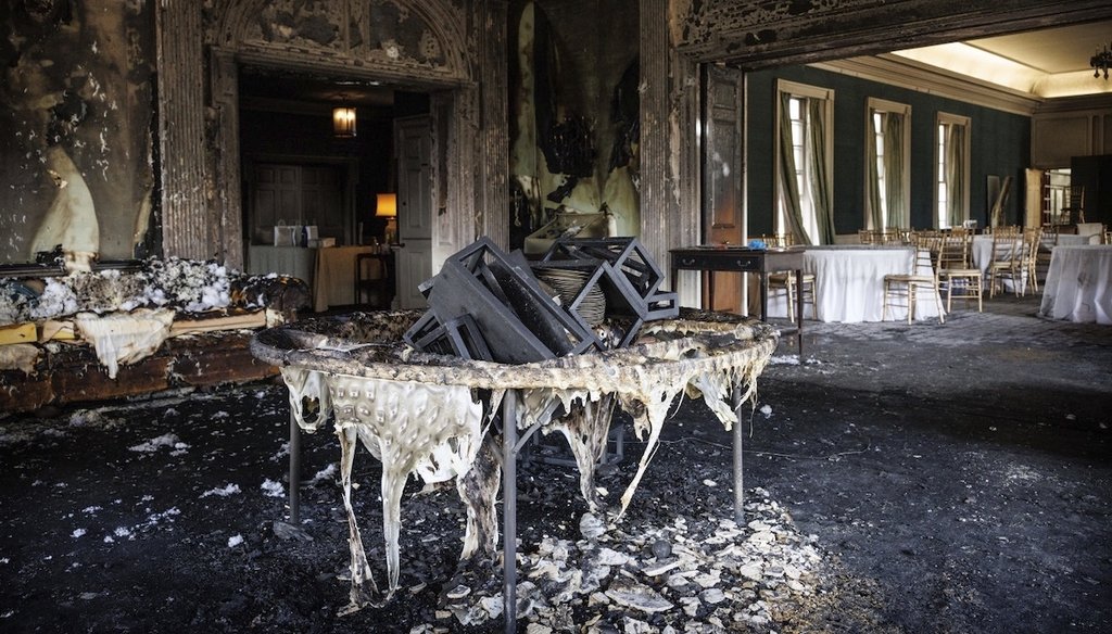 This image provided by Commonwealth Media Services shows damage after a fire at the Pennsylvania governor’s mansion while Democratic Gov. Josh Shapiro and his family slept inside on Sunday, April 13, 2025, in Harrisburg, Pa. (Commonwealth Media Services v