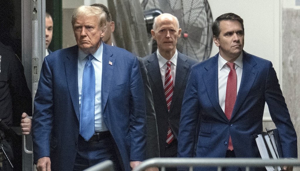 Former President Donald Trump, his attorney Todd Blanche, right, and U.S. Sen Rick Scott, R-Fla., rear center, arrive for Trump's trial at Manhattan Criminal Court, May 9, 2024, in New York. (AP)