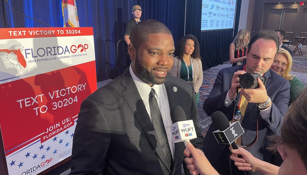 Rep. Byron Donalds, R-Fla., meets with journalists at a Florida delegation breakfast at the Republican National Convention in Milwaukee on July 18, 2024. (Louis Jacobson / PolitiFact)
