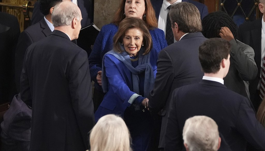 Rep. Nancy Pelosi, D-Calif., center, is greeted upon her arrival Jan. 3, 2025, as the House of Representatives meets to elect a speaker and convene the new 119th Congress at the Capitol in Washington. (AP)