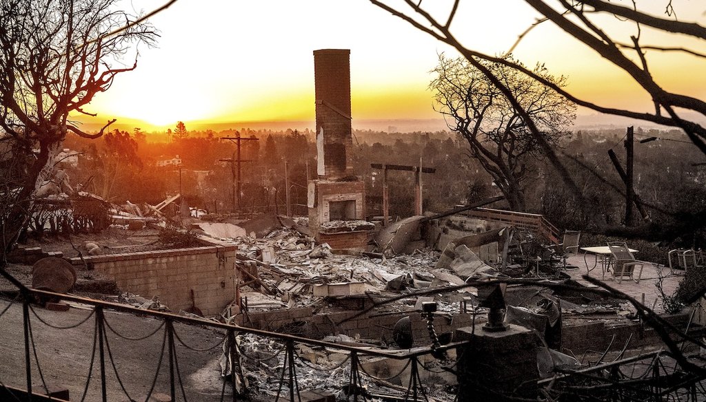The sun rises Jan. 12, 2025, behind a home destroyed by the Palisades Fire in Los Angeles’ the Pacific Palisades community. (AP)