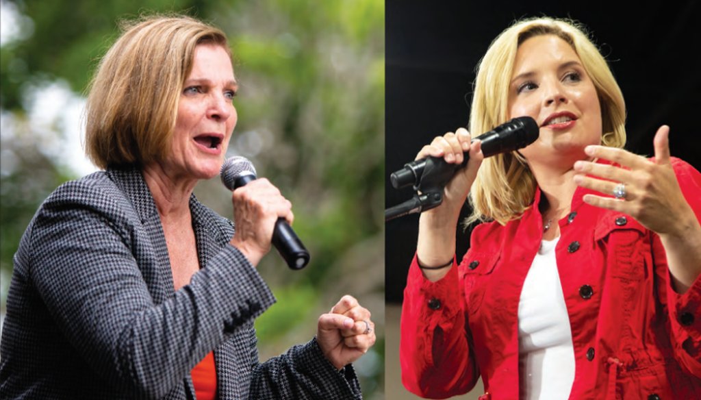 Democratic candidate Liz Mathis and U.S. Rep Ashley Hinson speaking at various political events on Sept. 3 and Aug. 28 respectively. (Gabby Drees and Matt Sindt)