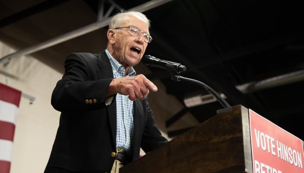 Sen. Chuck Grassley, R-Iowa, speaks during Ashley Hinson’s BBQ Bash at the Linn County Fairgrounds Sunday, August 28, 2022. (Matt Sindt)