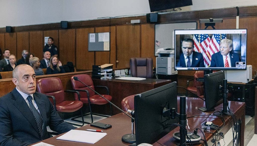 Emil Bove, attorney for President-elect Donald Trump, left, sits in Manhattan criminal court as Trump’s attorney Todd Blanche, on screen left, and Trump, appear remotely on a screen Jan. 10, 2025, in New York. (AP)